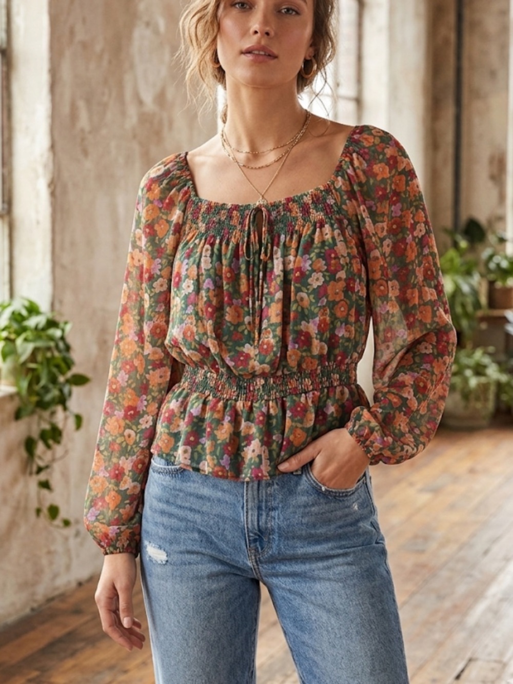 LC Lauren Conrad Cottagecore Floral Smocked Peplum Blouse Boho Square Neck Top